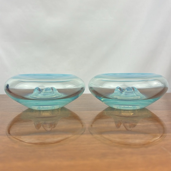 Vintage MCM fostoria seascape opalescent blue glass candle stick holders pair - Picture 2 of 8